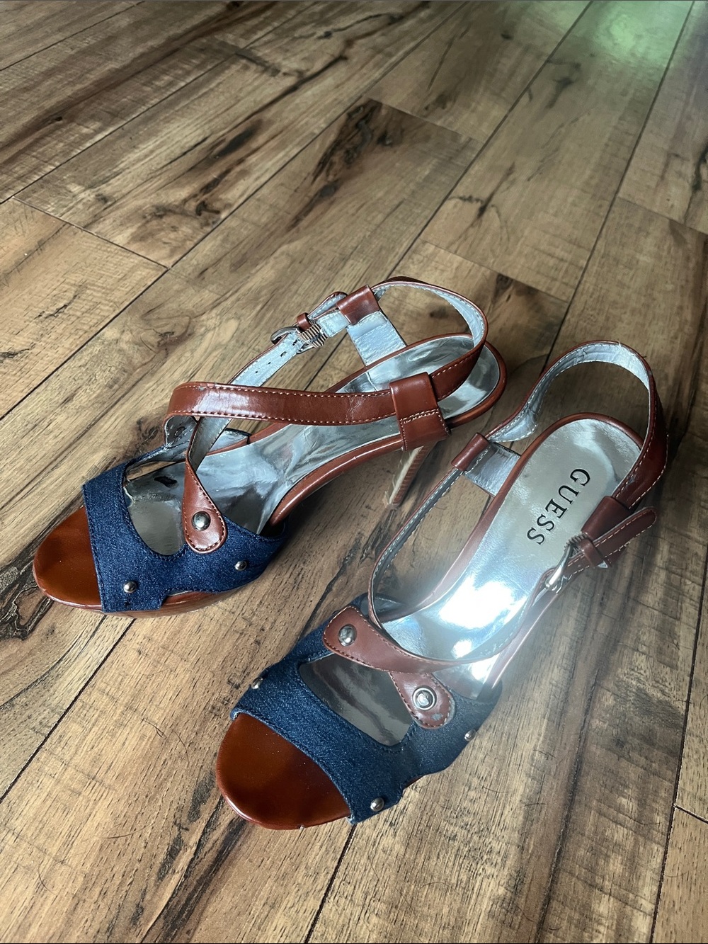 GUESS Navy Denim and Brown Leather Open-Toe Slingback Heels